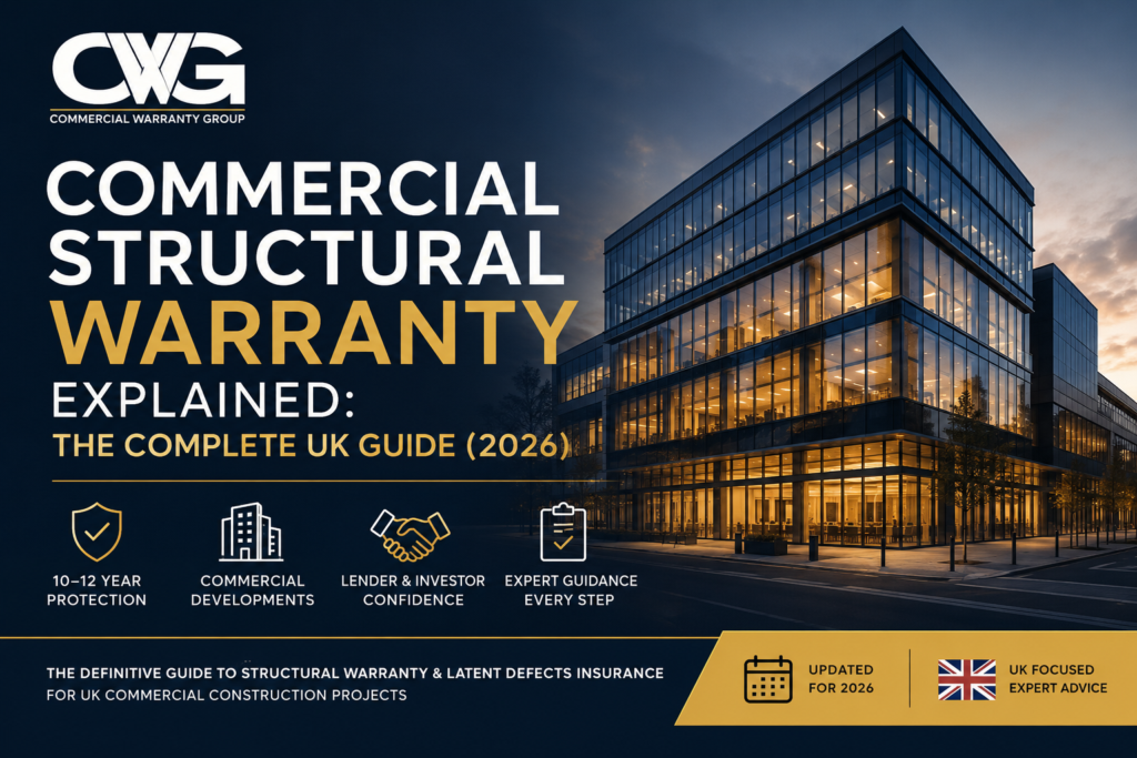 Commercial structural warranty guide showing a modern UK commercial office development with information about latent defects insurance and structural warranty protection.